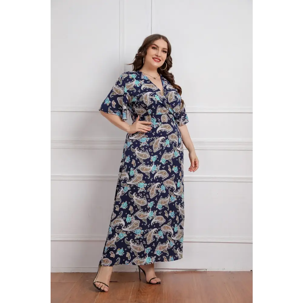 Plus Size Boho Floral Dress - Viscose V-Neck Summer Dress