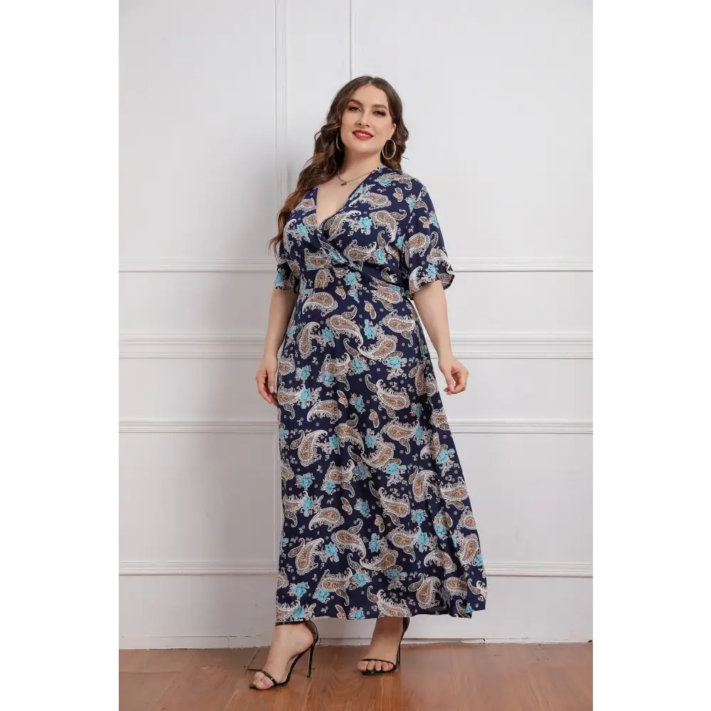 Plus Size Boho Floral Dress - Viscose V-Neck Summer Dress
