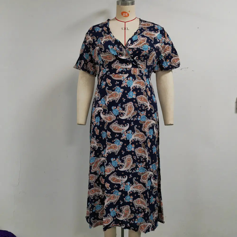 Plus Size Boho Floral Dress - Viscose V-Neck Summer Dress