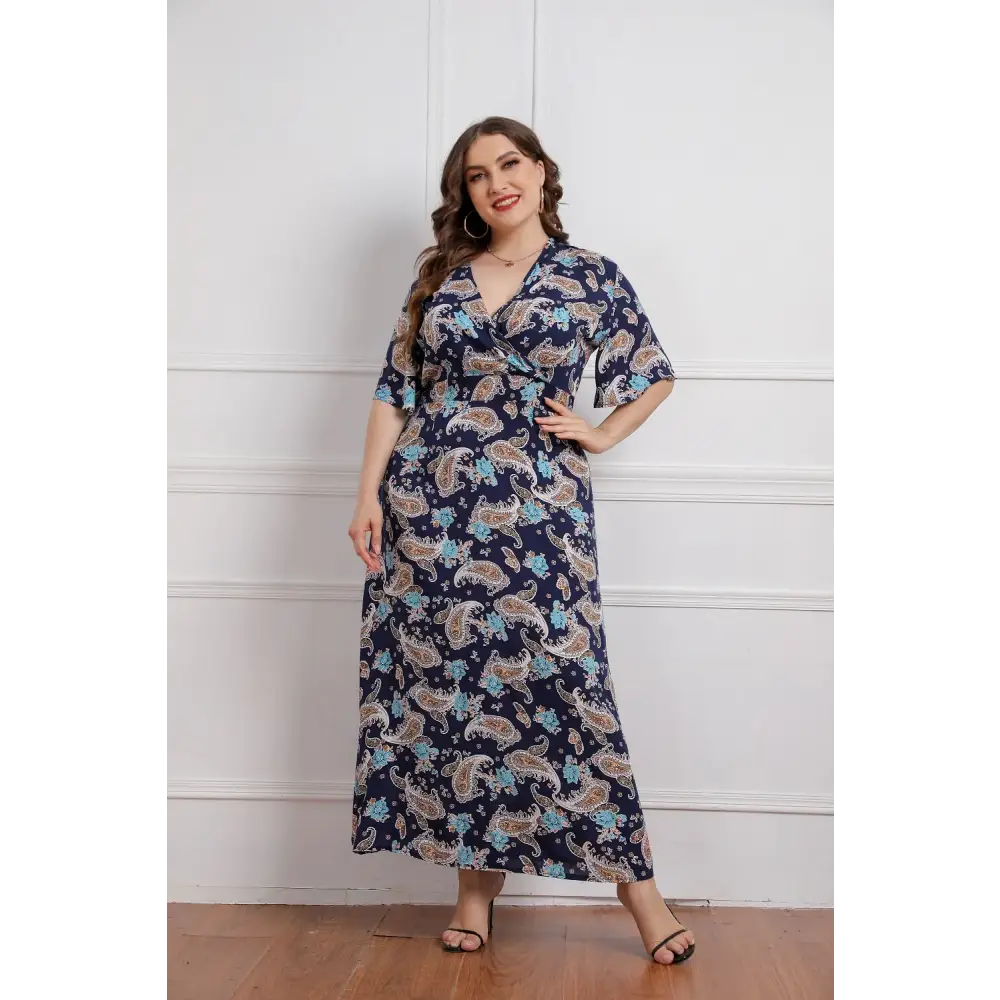 Plus Size Boho Floral Dress - Viscose V-Neck Summer Dress