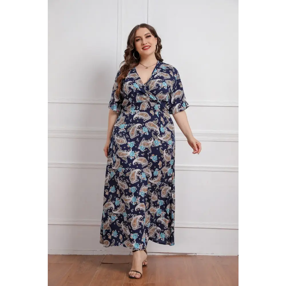 Plus Size Boho Floral Dress - Viscose V-Neck Summer Dress