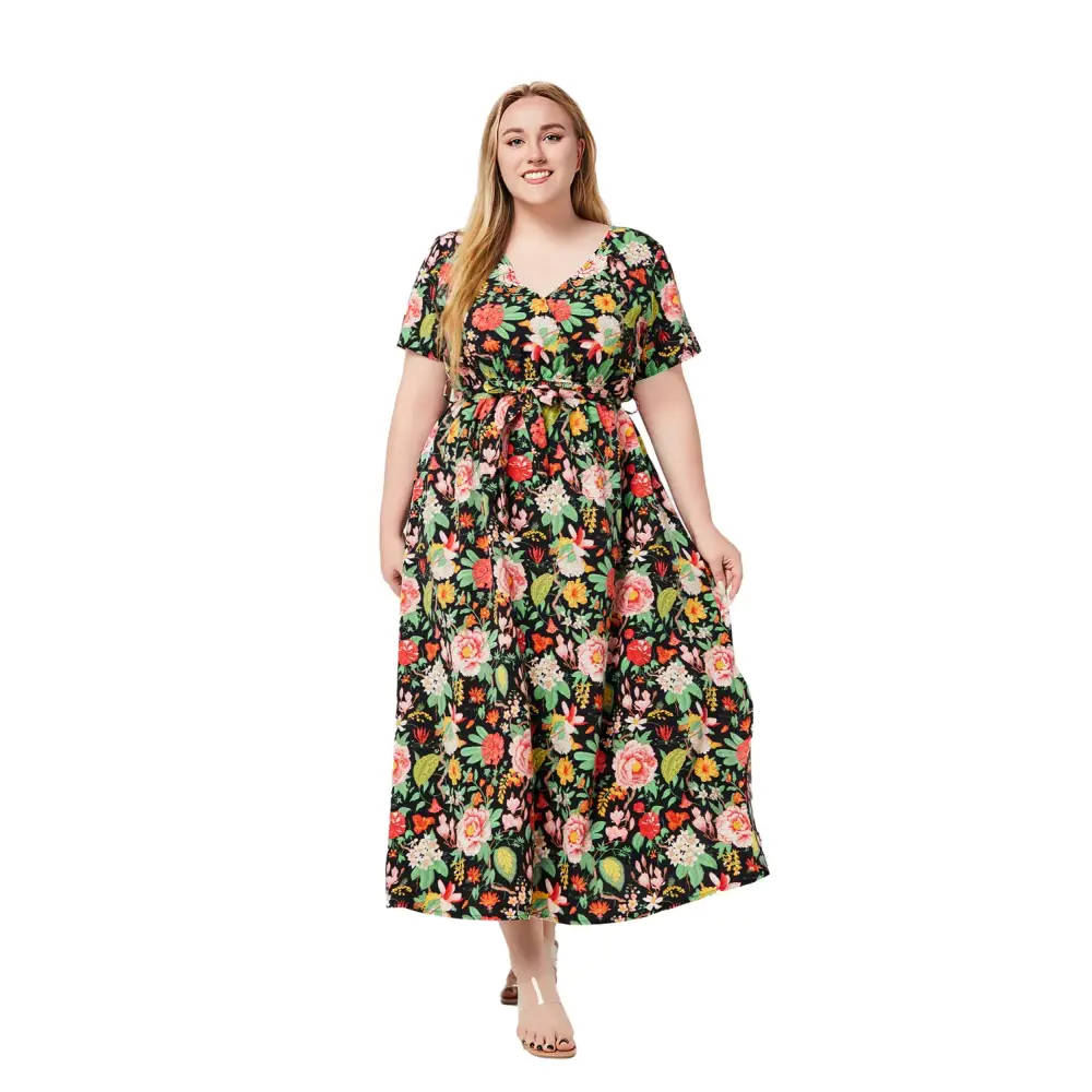 Plus Size Boho Floral Dress - V-Neck & Sash Detail