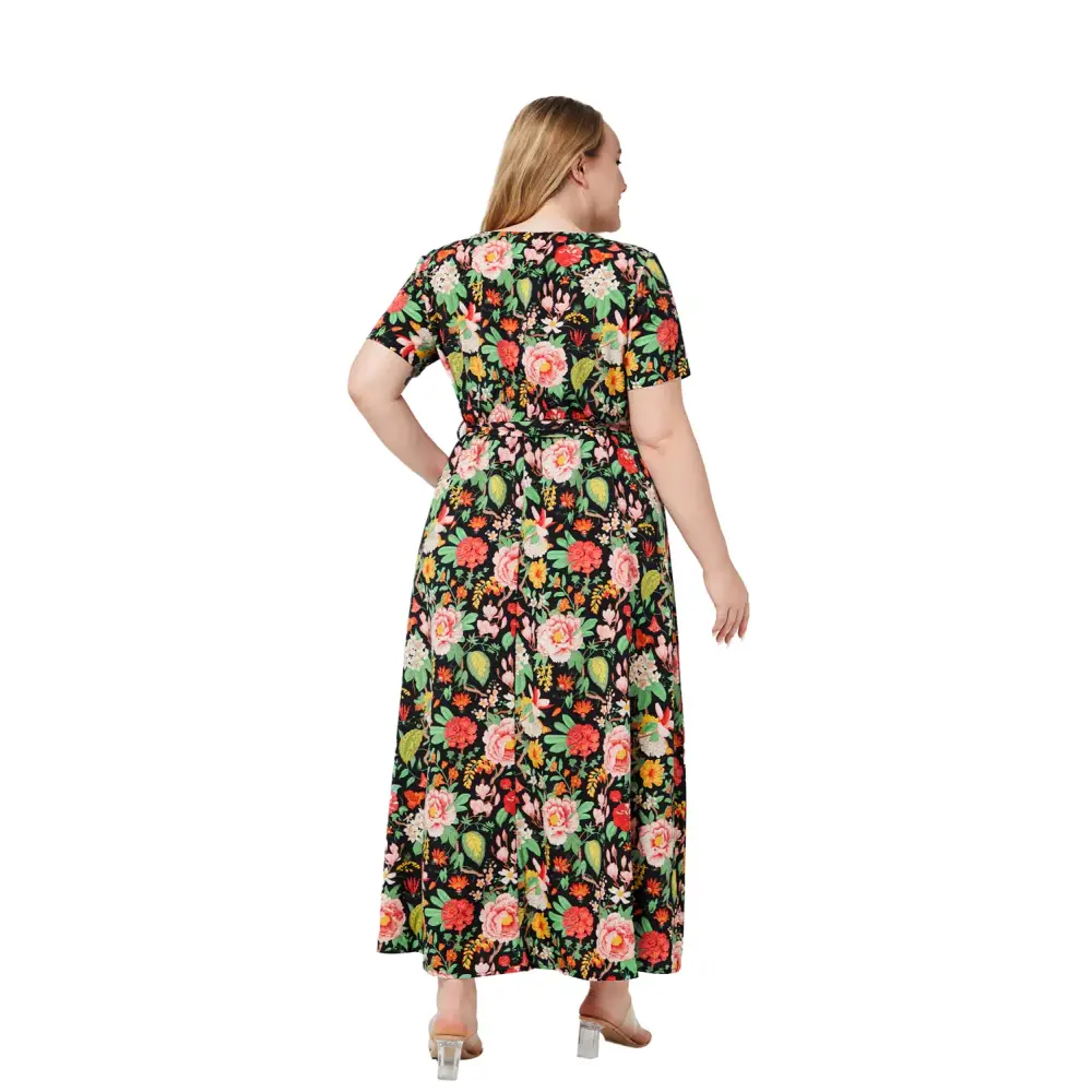 Plus Size Boho Floral Dress - V-Neck & Sash Detail
