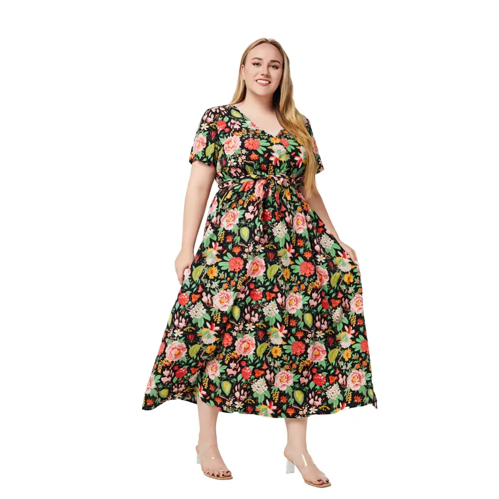 Plus Size Boho Floral Dress - V-Neck & Sash Detail