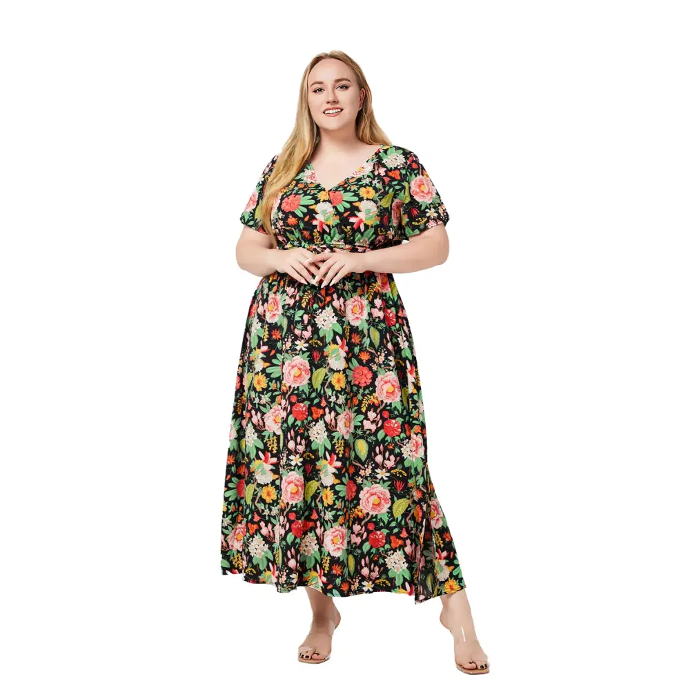 Plus Size Boho Floral Dress - V-Neck & Sash Detail
