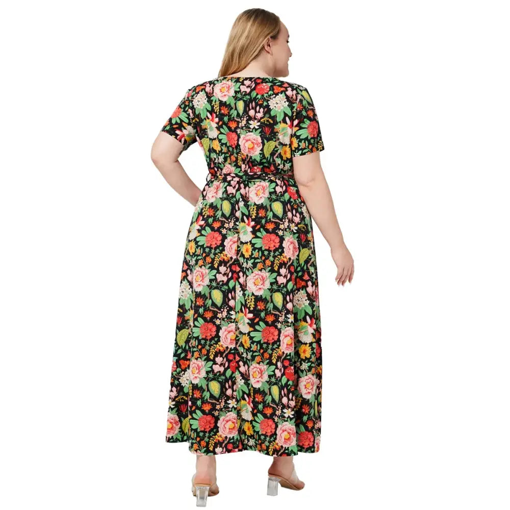Plus Size Boho Floral Dress - V-Neck & Sash Detail