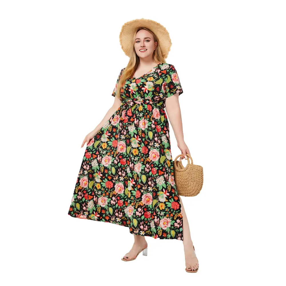 Plus Size Boho Floral Dress - V-Neck & Sash Detail