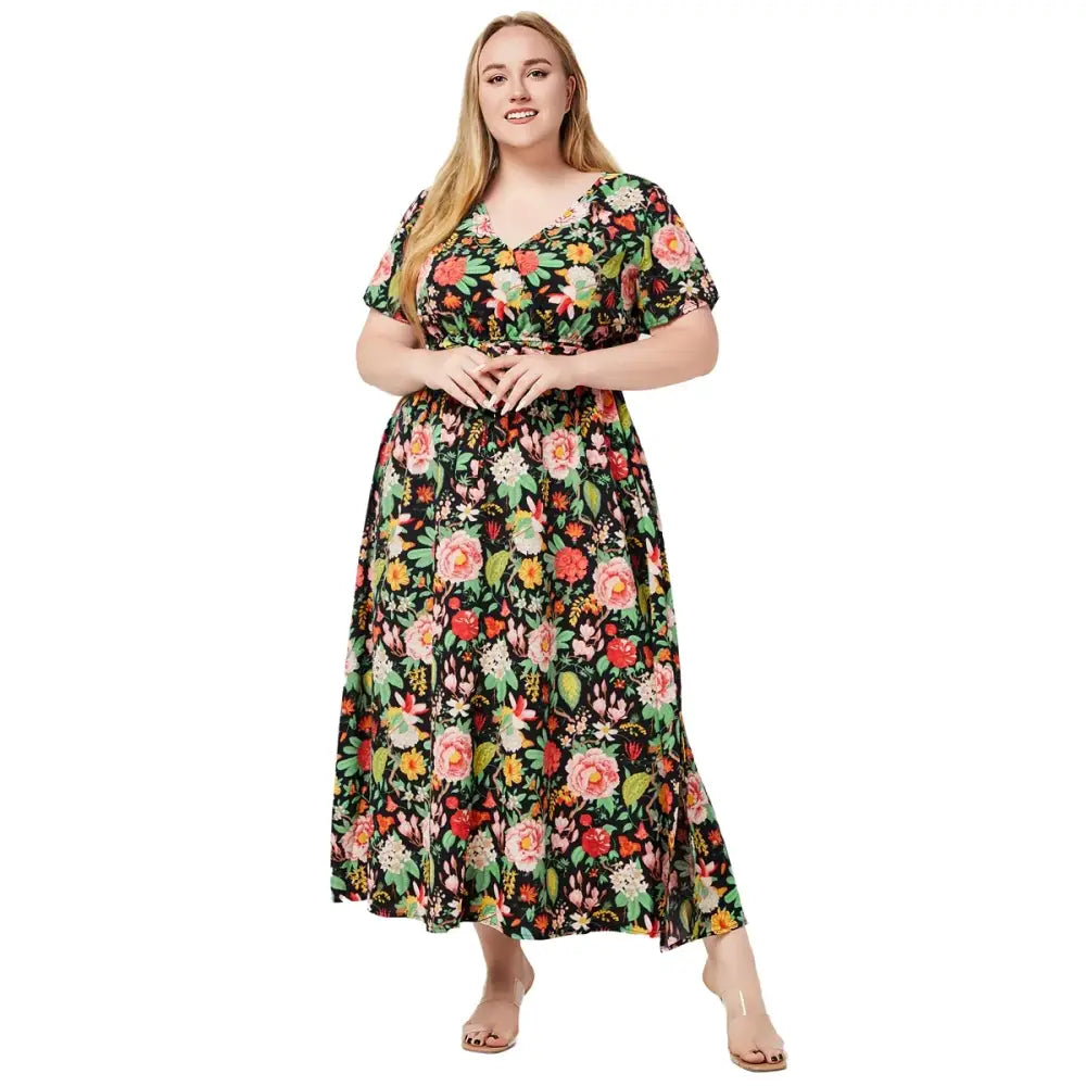 Plus Size Boho Floral Dress - V-Neck & Sash Detail