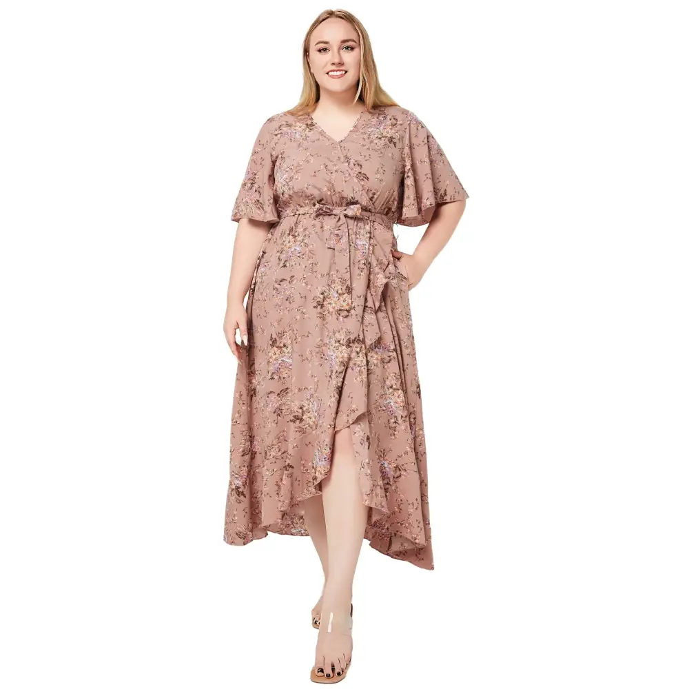 Plus Size Boho Floral Maxi Dress - V-Neck Short Sleeve