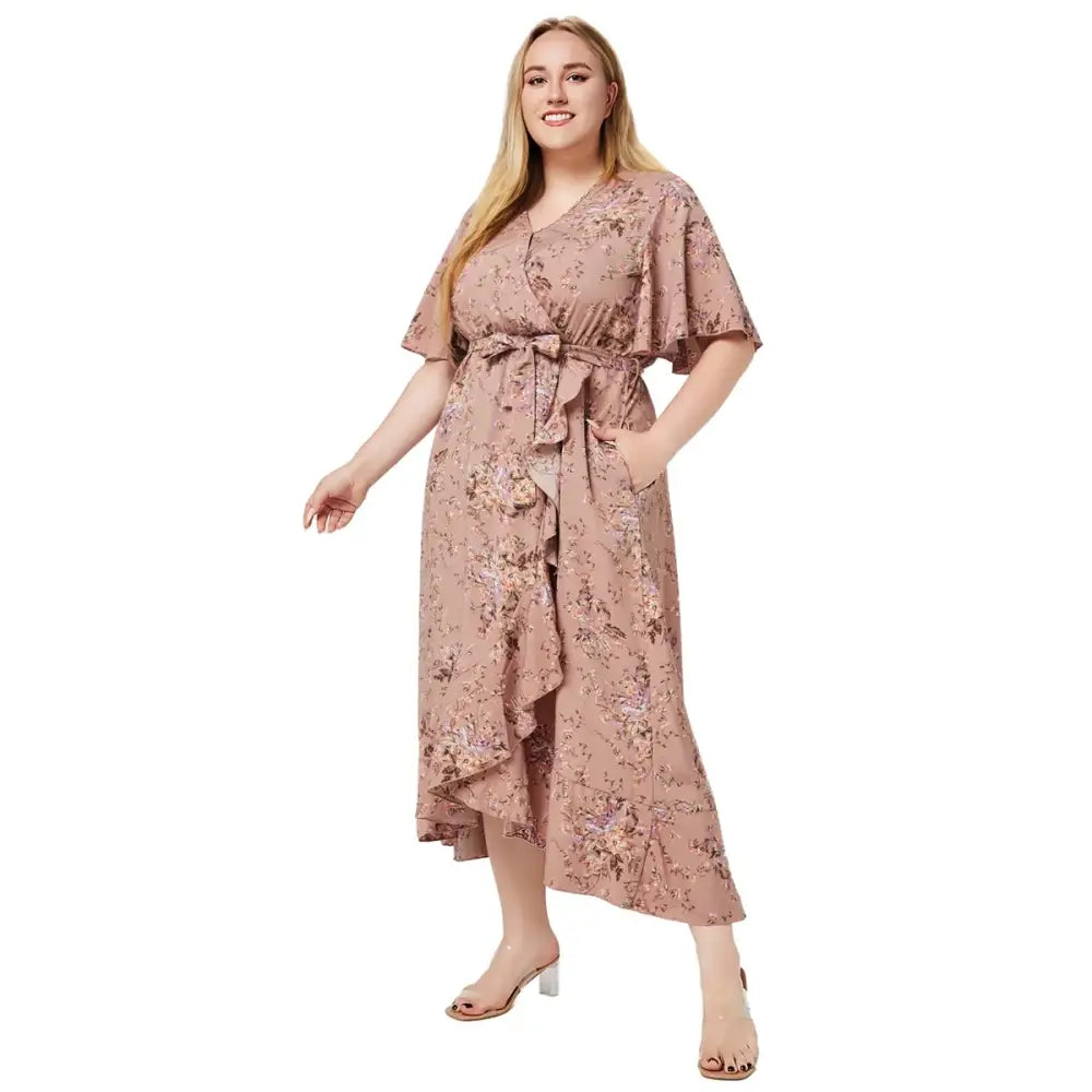 Plus Size Boho Floral Maxi Dress - V-Neck Short Sleeve