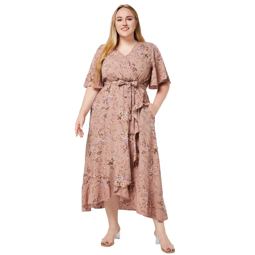 Plus Size Boho Floral Maxi Dress - V-Neck Short Sleeve