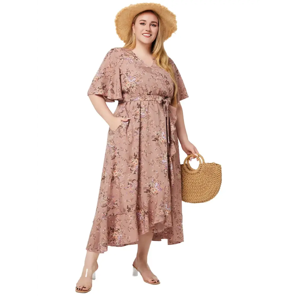 Plus Size Boho Floral Maxi Dress - V-Neck Short Sleeve
