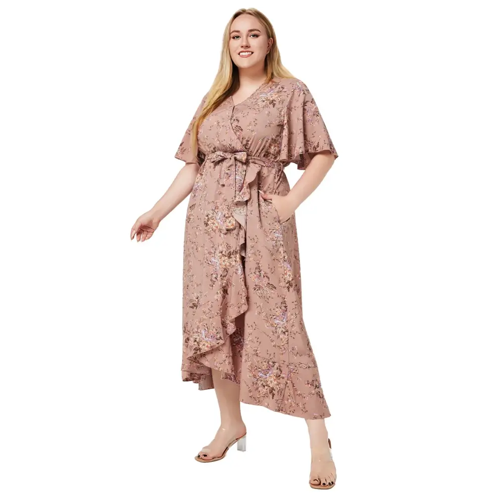 Plus Size Boho Floral Maxi Dress - V-Neck Short Sleeve