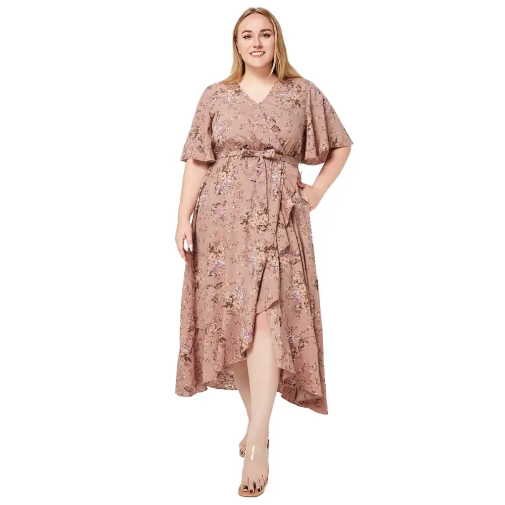 Plus Size Boho Floral Maxi Dress - V-Neck Short Sleeve