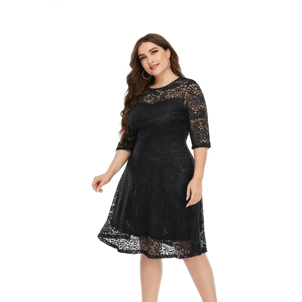 Plus Size Lace Trim Midi Dress - 3/4 Sleeve Semi-Sheer Elegance