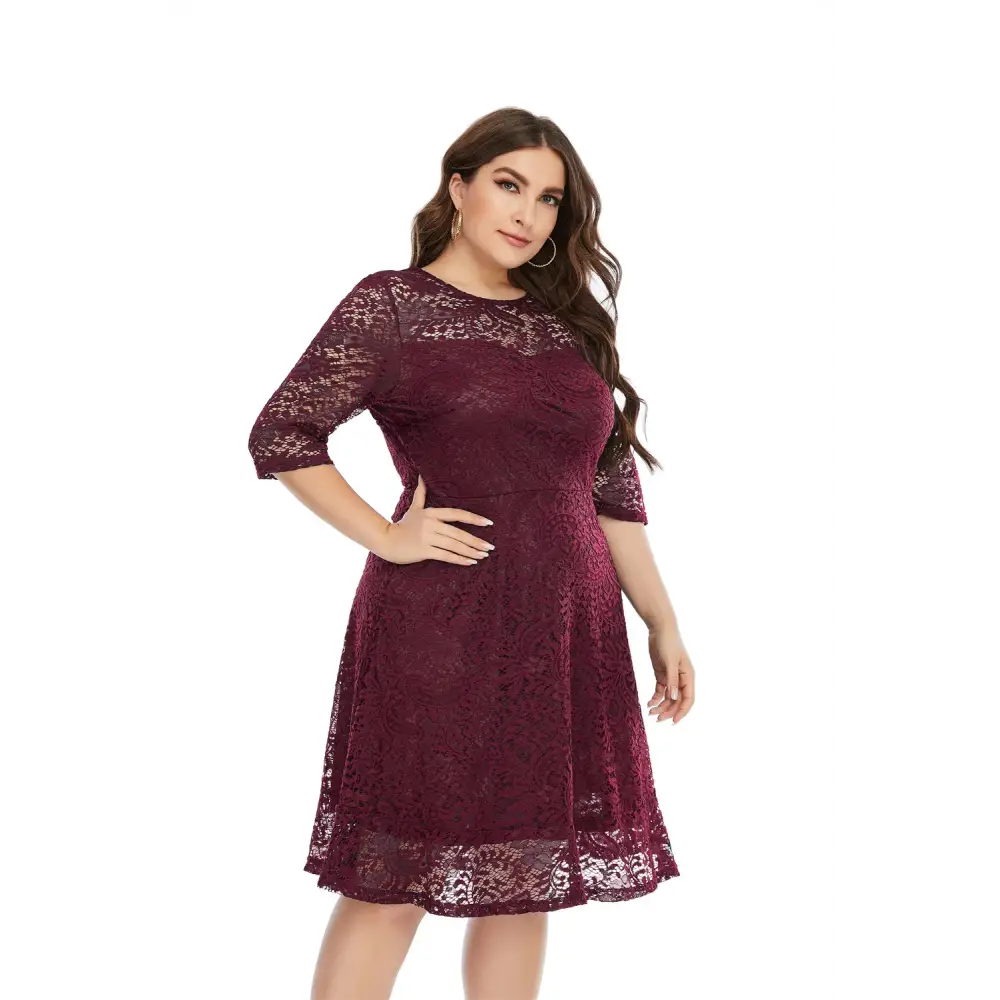 Plus Size Lace Trim Midi Dress - 3/4 Sleeve Semi-Sheer Elegance