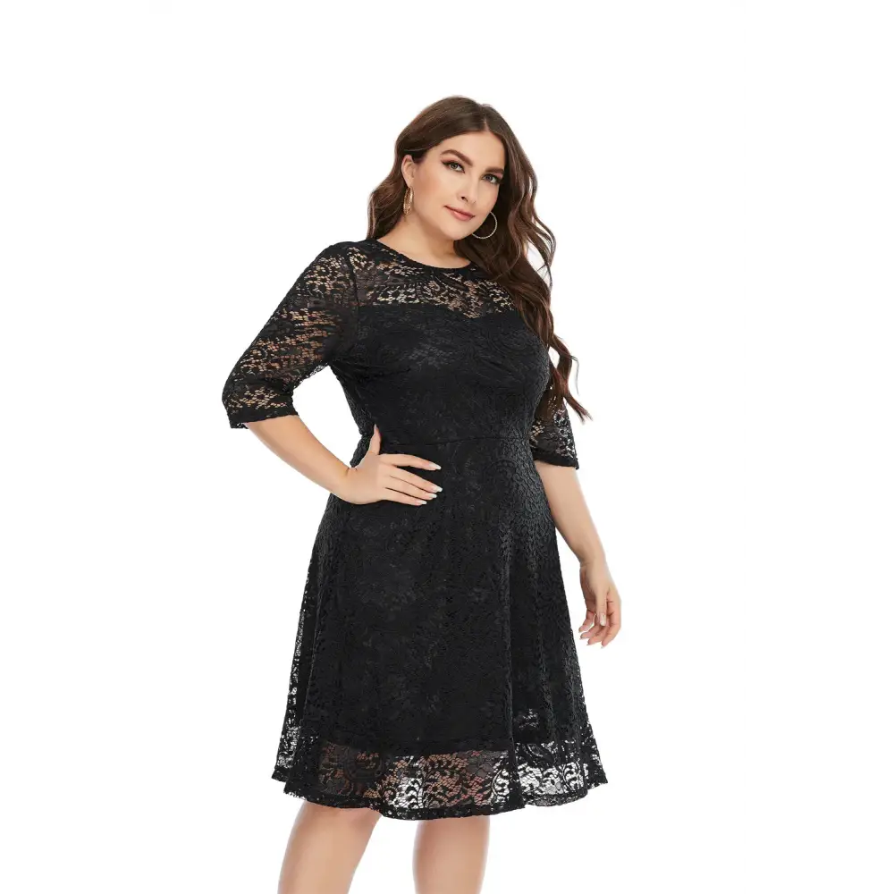 Plus Size Lace Trim Midi Dress - 3/4 Sleeve Semi-Sheer Elegance