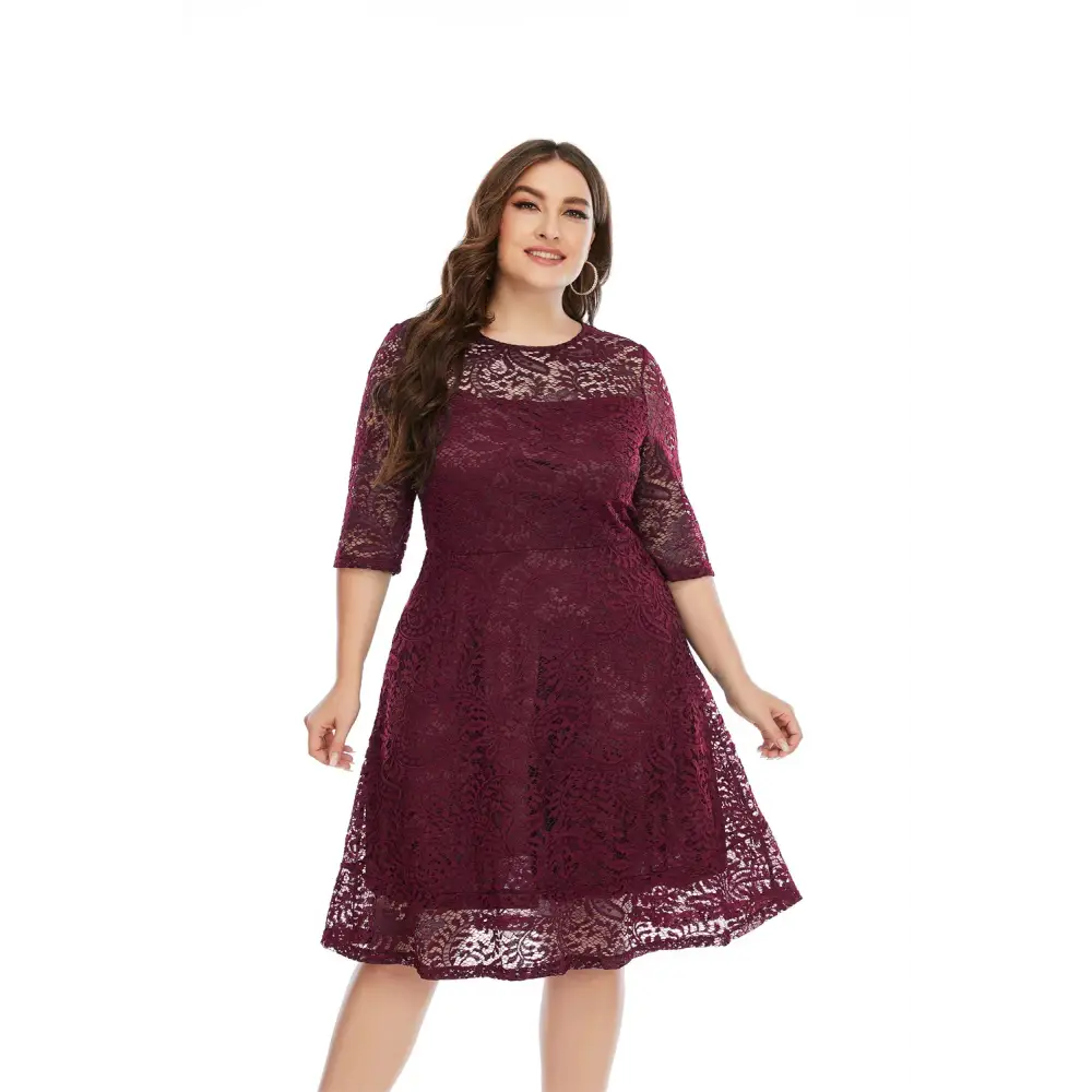 Plus Size Lace Trim Midi Dress - 3/4 Sleeve Semi-Sheer Elegance