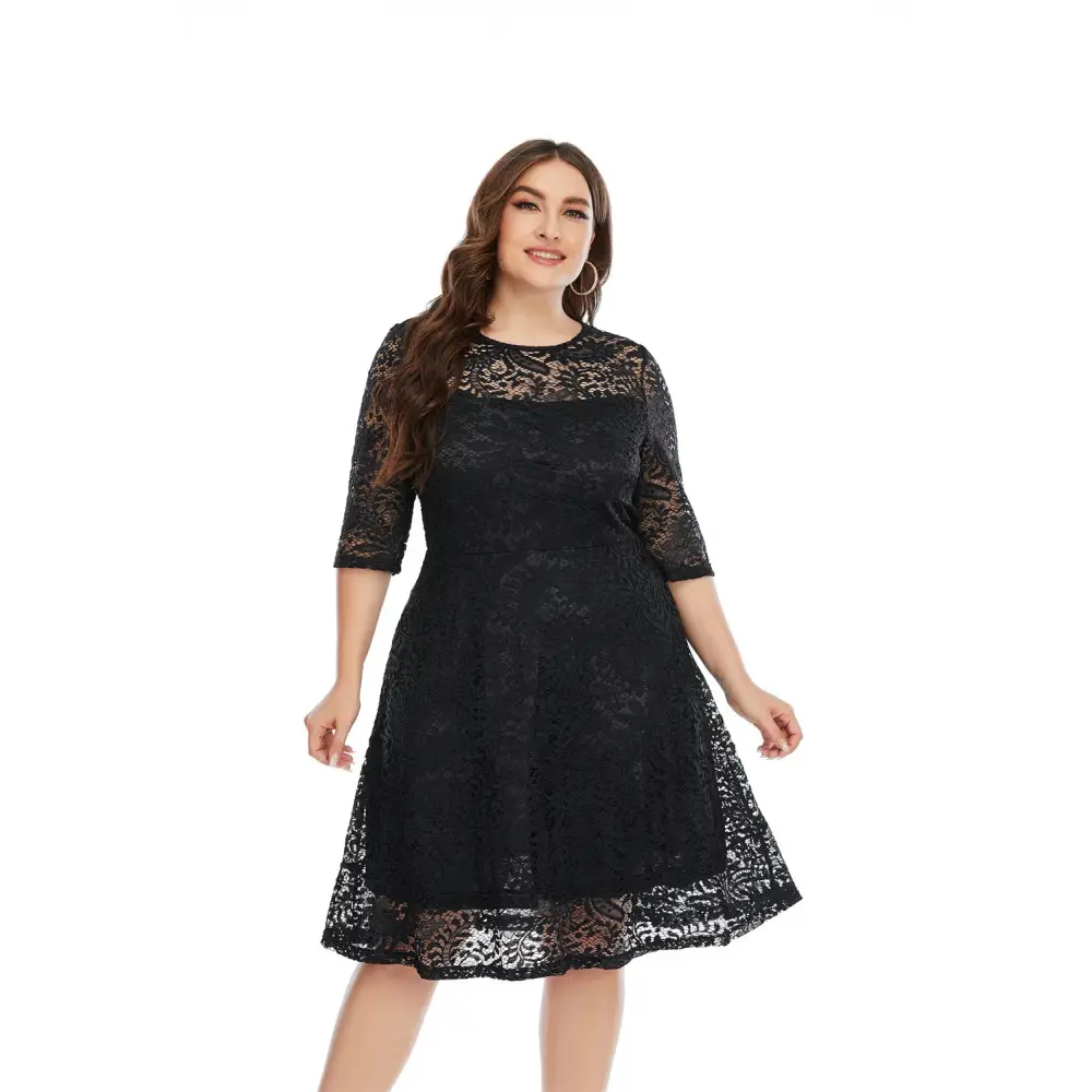 Plus Size Lace Trim Midi Dress - 3/4 Sleeve Semi-Sheer Elegance