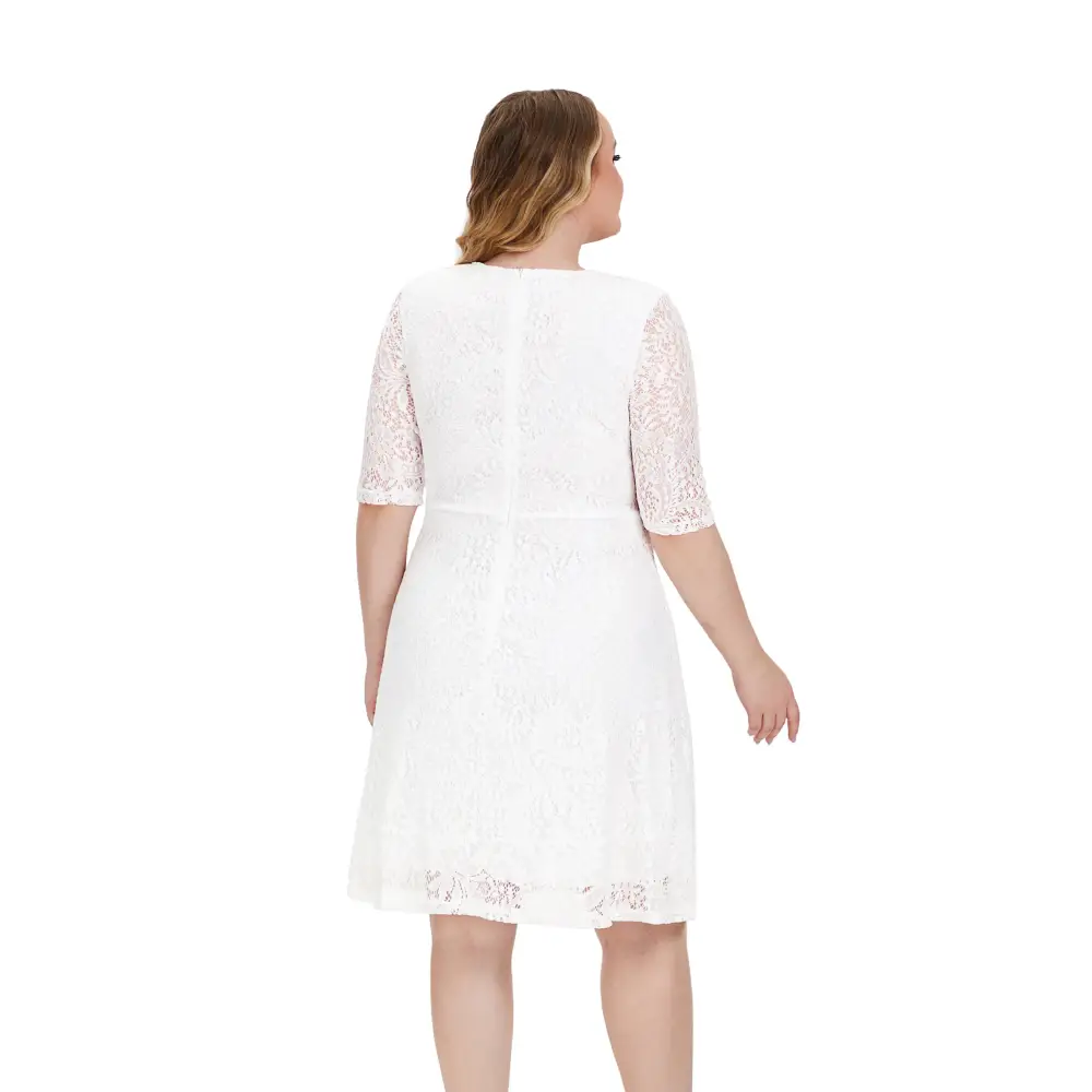 Plus Size Lace Trim Midi Dress - 3/4 Sleeve Semi-Sheer Elegance