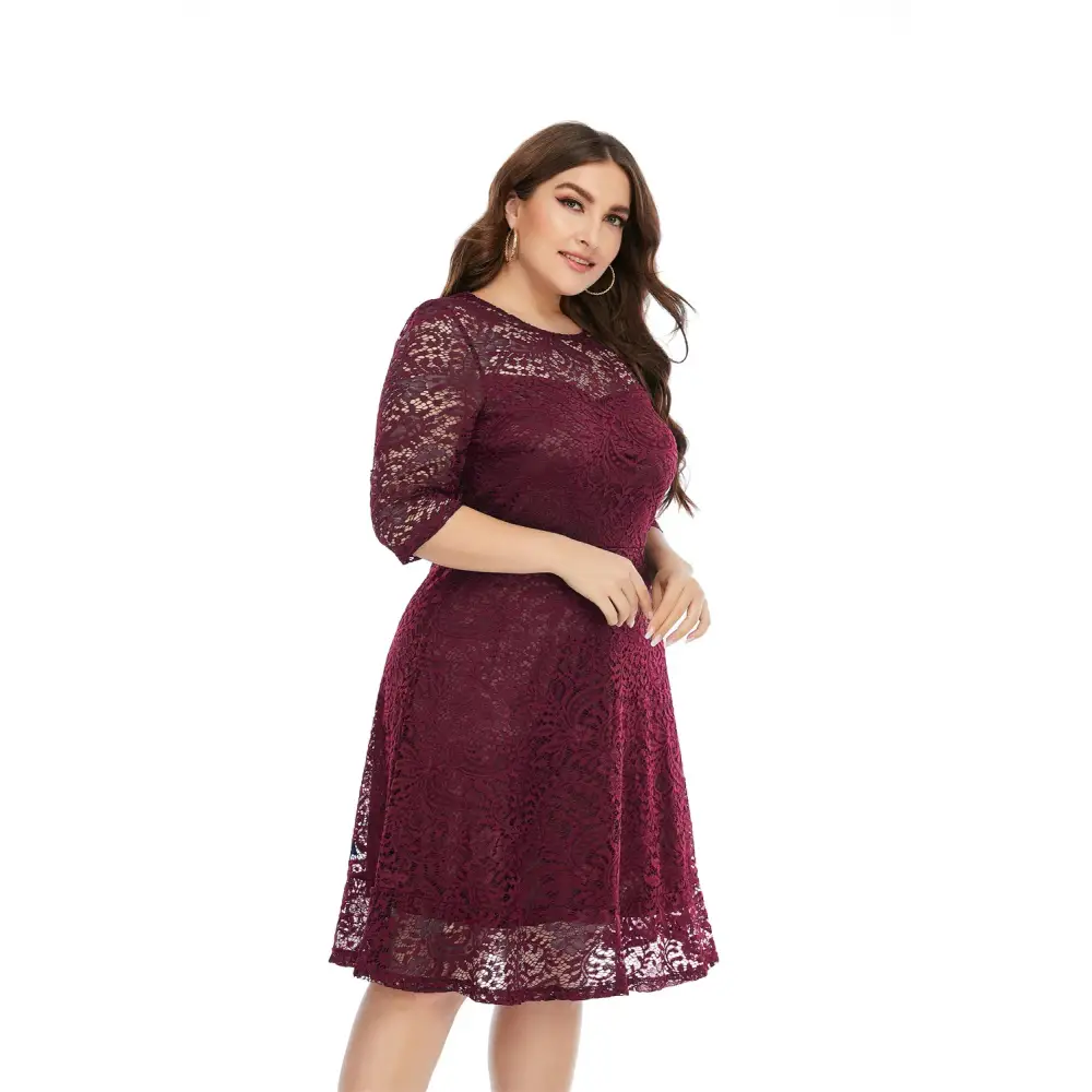 Plus Size Lace Trim Midi Dress - 3/4 Sleeve Semi-Sheer Elegance