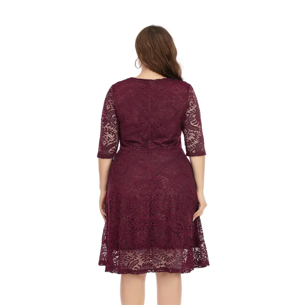 Plus Size Lace Trim Midi Dress - 3/4 Sleeve Semi-Sheer Elegance