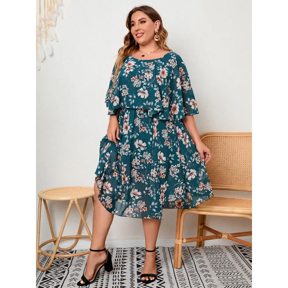 Plus Size Floral Chiffon Dress - Tummy-Control Empire Waist