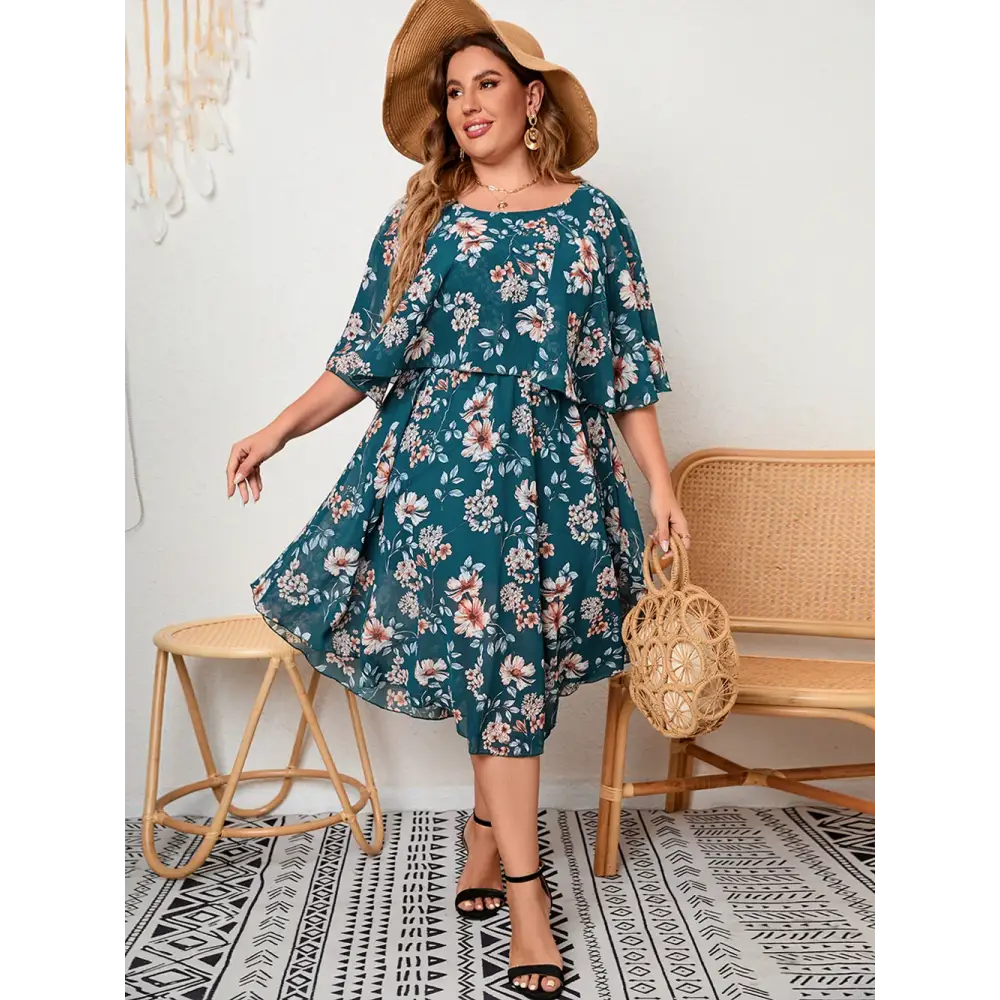 Plus Size Floral Chiffon Dress - Tummy-Control Empire Waist