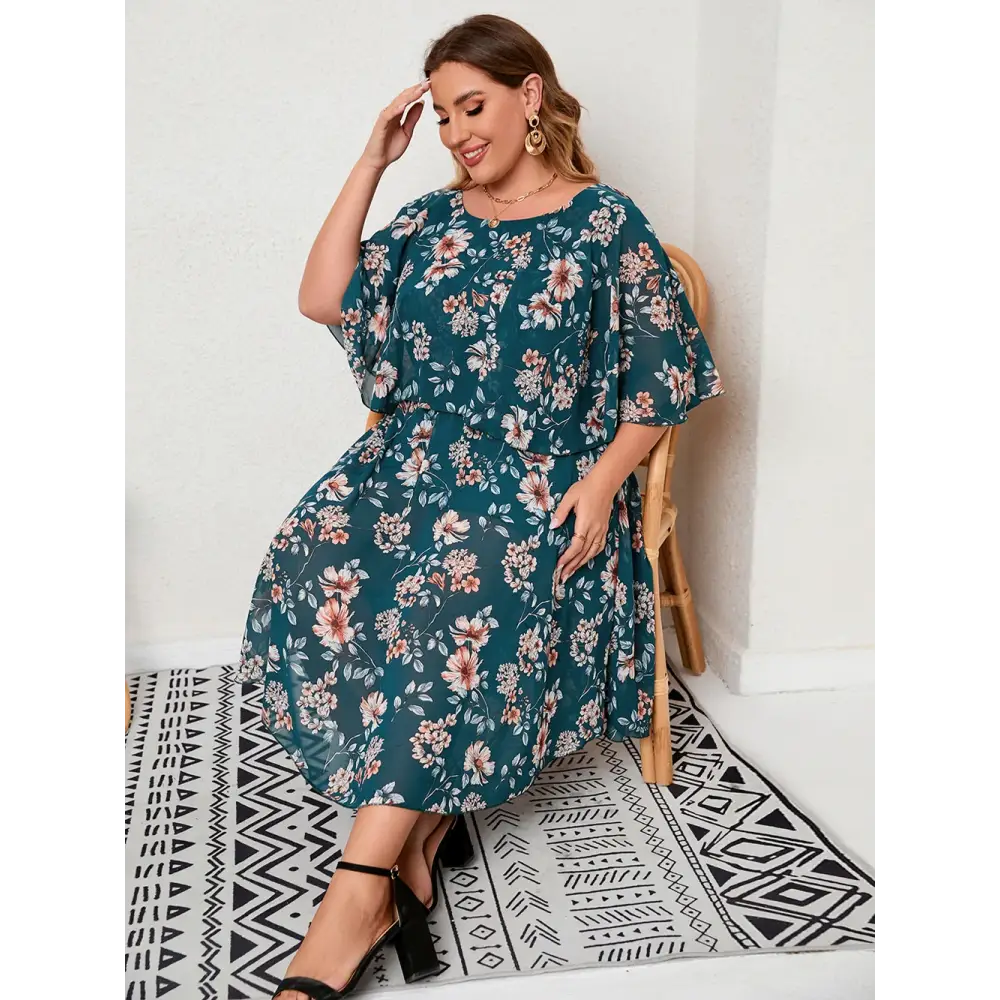 Plus Size Floral Chiffon Dress - Tummy-Control Empire Waist