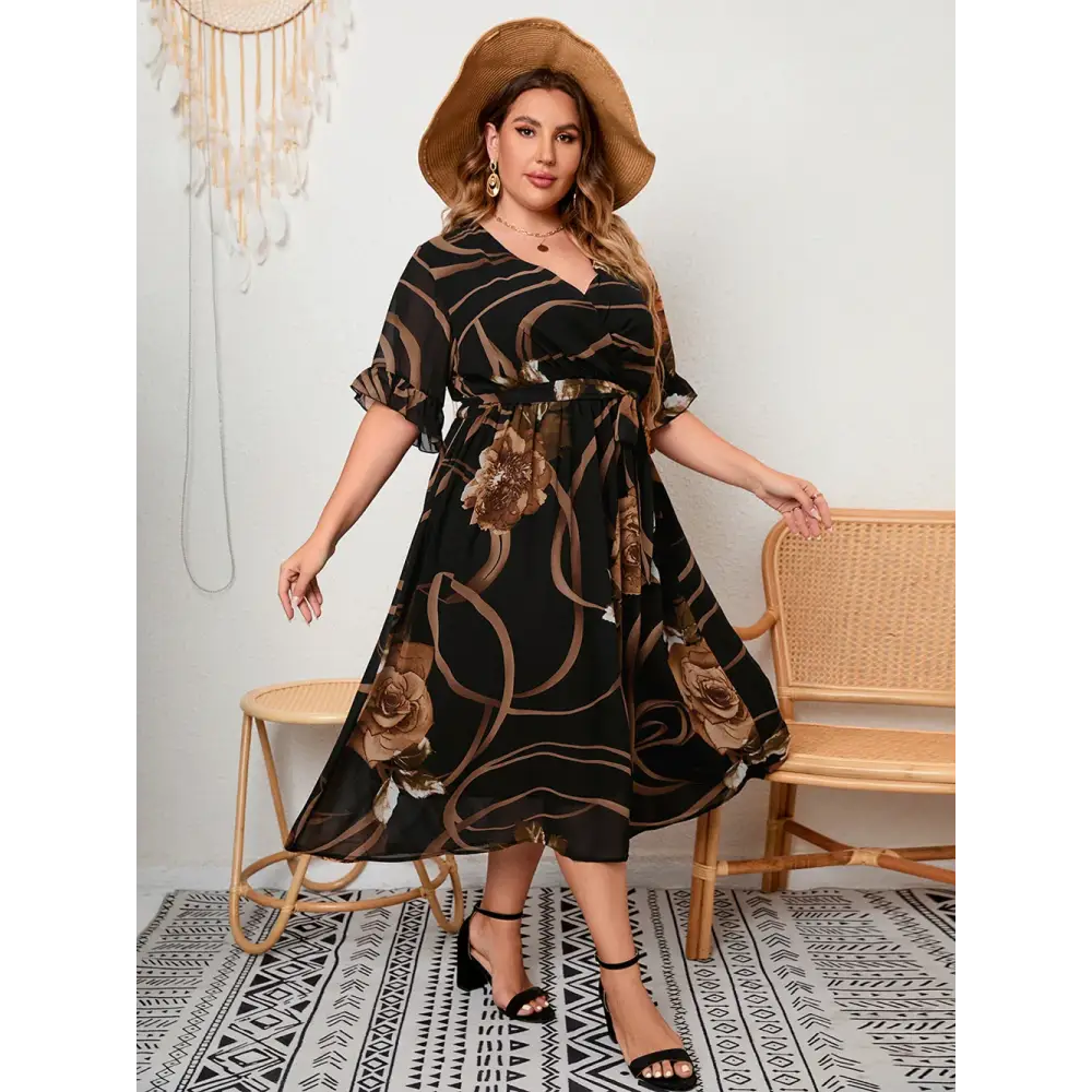 Plus Size Floral Chiffon Dress - V-Neck & Butterfly Sleeves