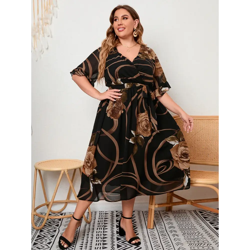Plus Size Floral Chiffon Dress - V-Neck & Butterfly Sleeves