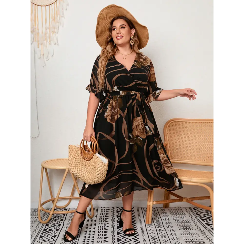Plus Size Floral Chiffon Dress - V-Neck & Butterfly Sleeves