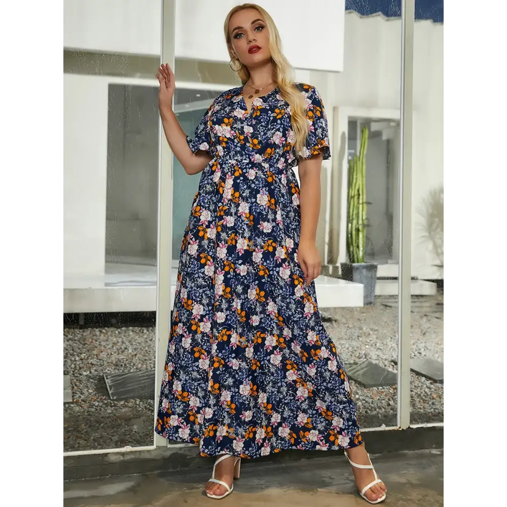 Plus Size Boho Floral Maxi Dress - V-Neck & Flare Sleeves