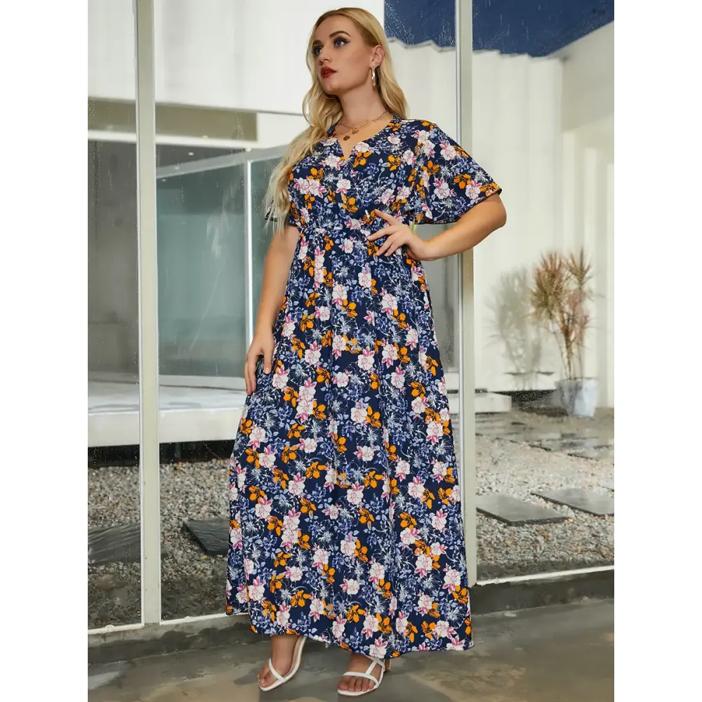 Plus Size Boho Floral Maxi Dress - V-Neck & Flare Sleeves
