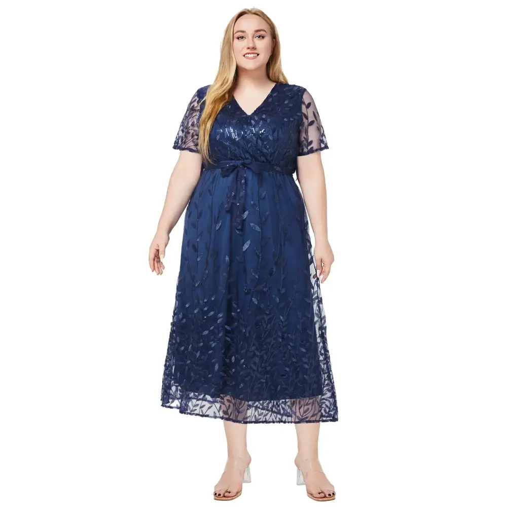 Plus Size Beaded Bridesmaid Dress - V-Neck A-Line Formal Gown