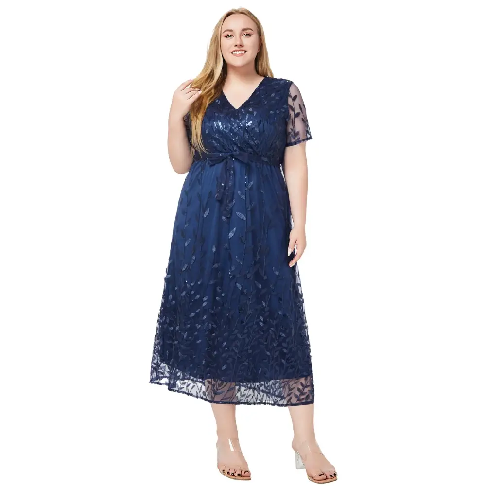 Plus Size Beaded Bridesmaid Dress - V-Neck A-Line Formal Gown
