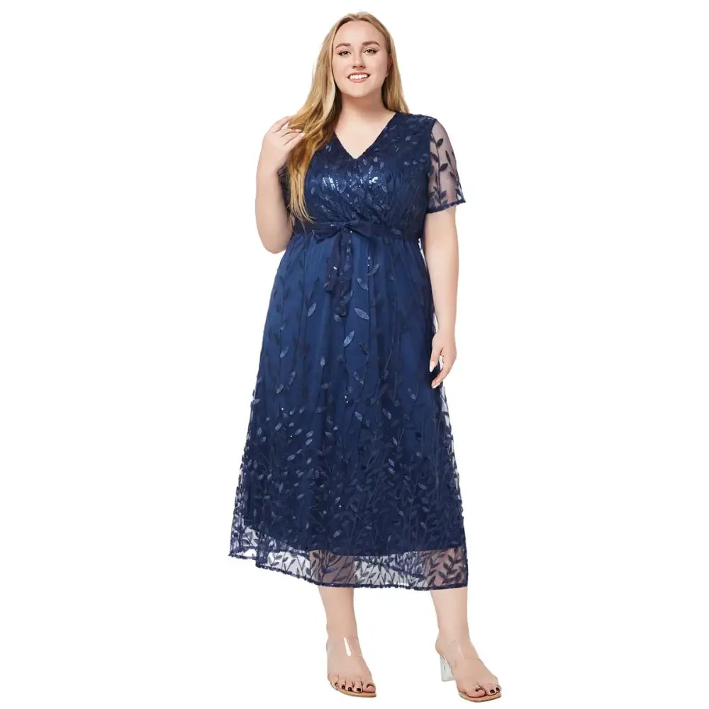 Plus Size Beaded Bridesmaid Dress - V-Neck A-Line Formal Gown