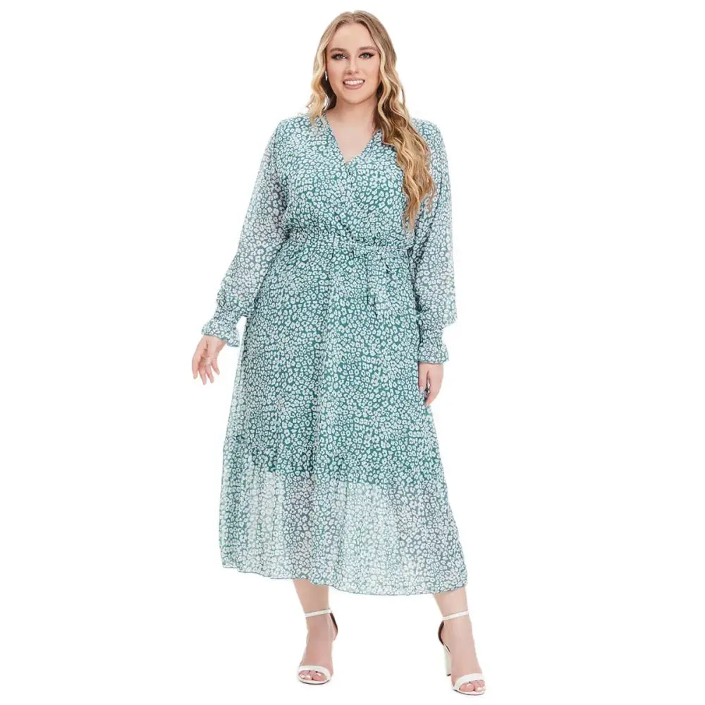 Plus Size Floral Maxi Dress - Long Sleeve V-Neck