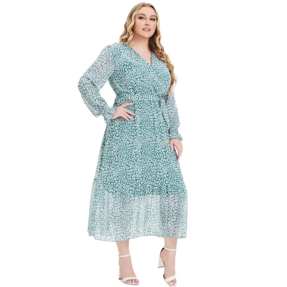 Plus Size Floral Maxi Dress - Long Sleeve V-Neck