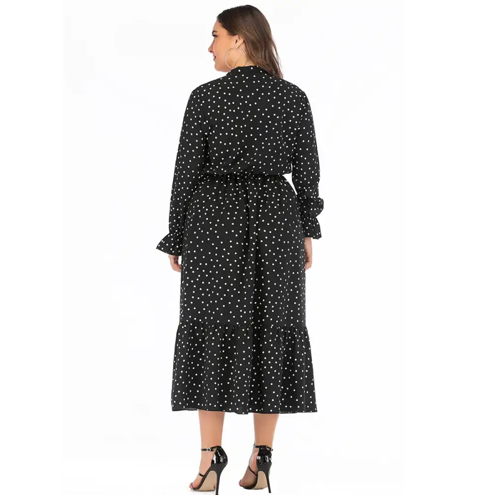 Plus Size Polka Dot Shirt Dress - Bow Tie & Long Sleeve