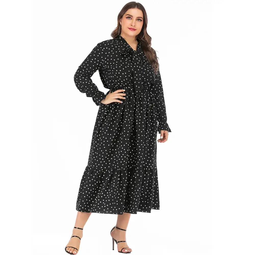 Plus Size Polka Dot Shirt Dress - Bow Tie & Long Sleeve