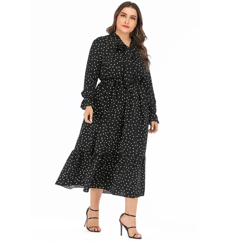 Plus Size Polka Dot Shirt Dress - Bow Tie & Long Sleeve