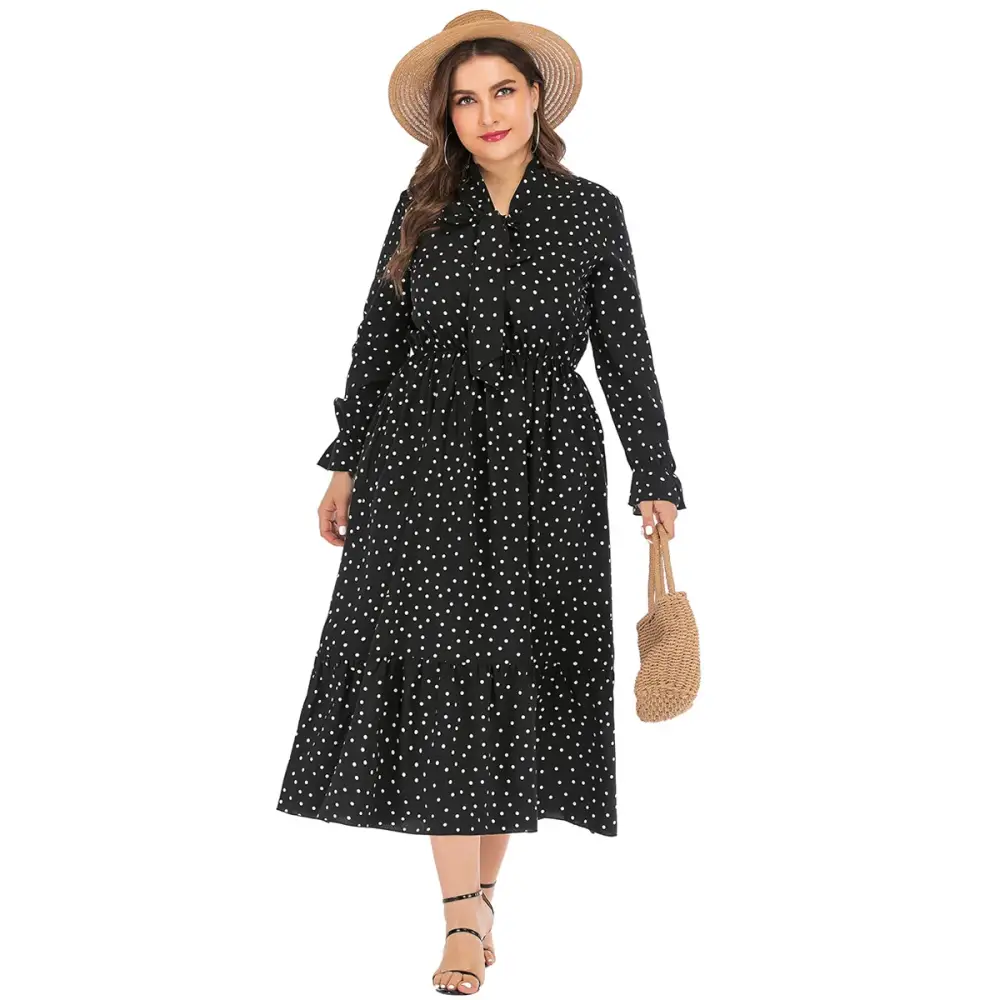 Plus Size Polka Dot Shirt Dress - Bow Tie & Long Sleeve