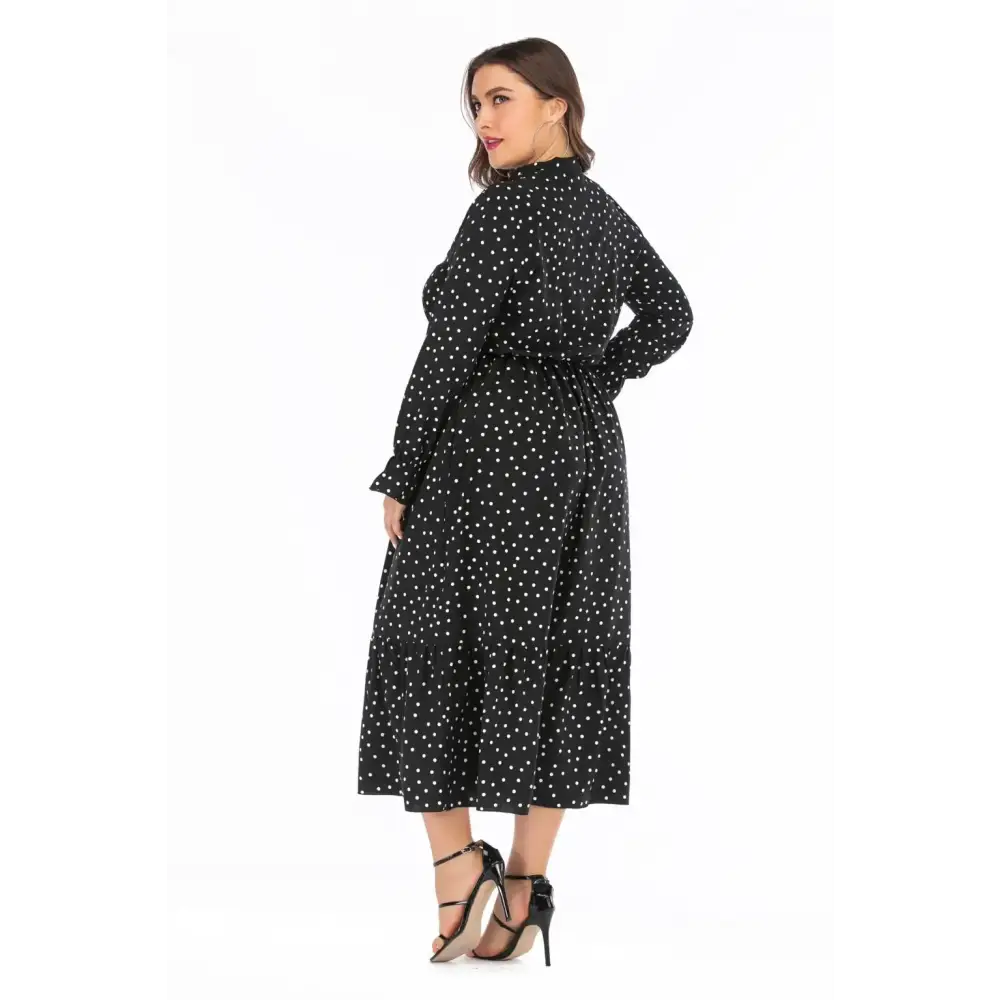 Plus Size Polka Dot Shirt Dress - Bow Tie & Long Sleeve