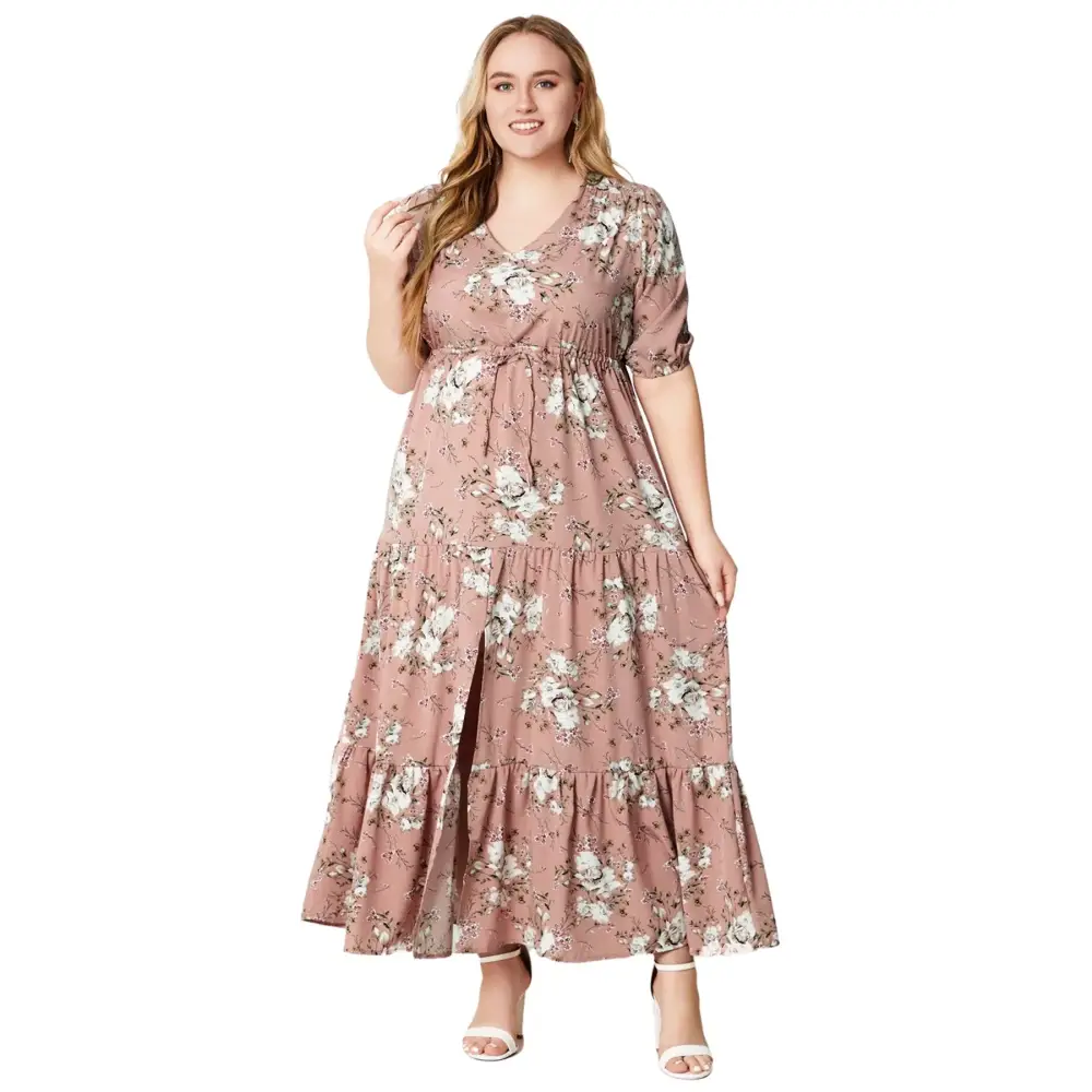 Plus Size Boho Floral Maxi Dress - V-Neck & Adjustable Sash