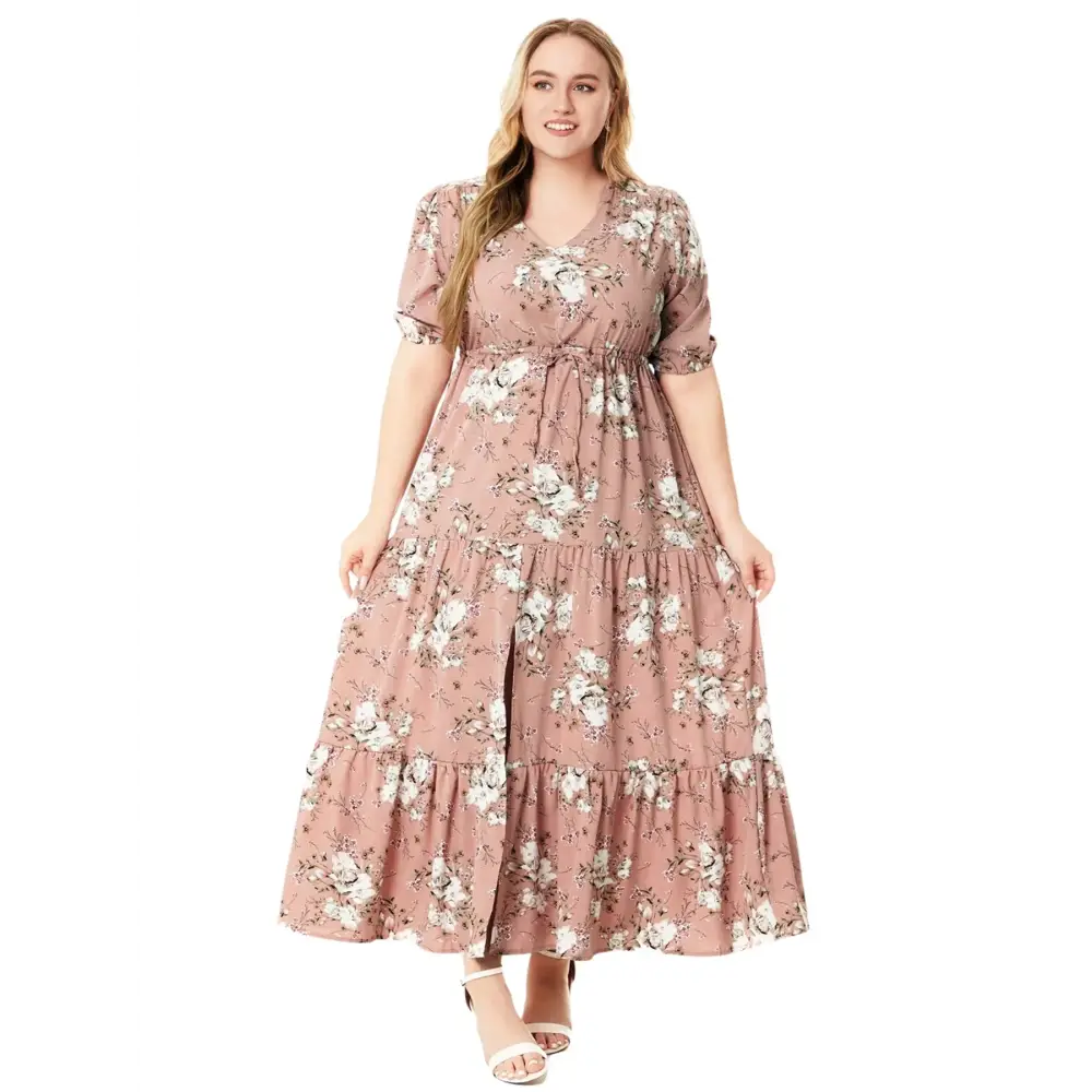 Plus Size Boho Floral Maxi Dress - V-Neck & Adjustable Sash