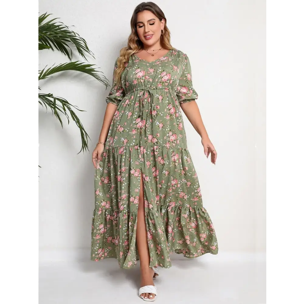 Plus Size Boho Floral Maxi Dress - V-Neck & Adjustable Sash