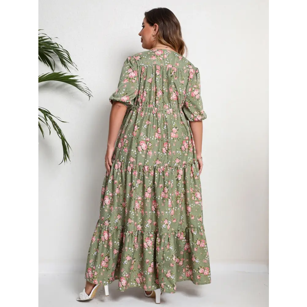 Plus Size Boho Floral Maxi Dress - V-Neck & Adjustable Sash