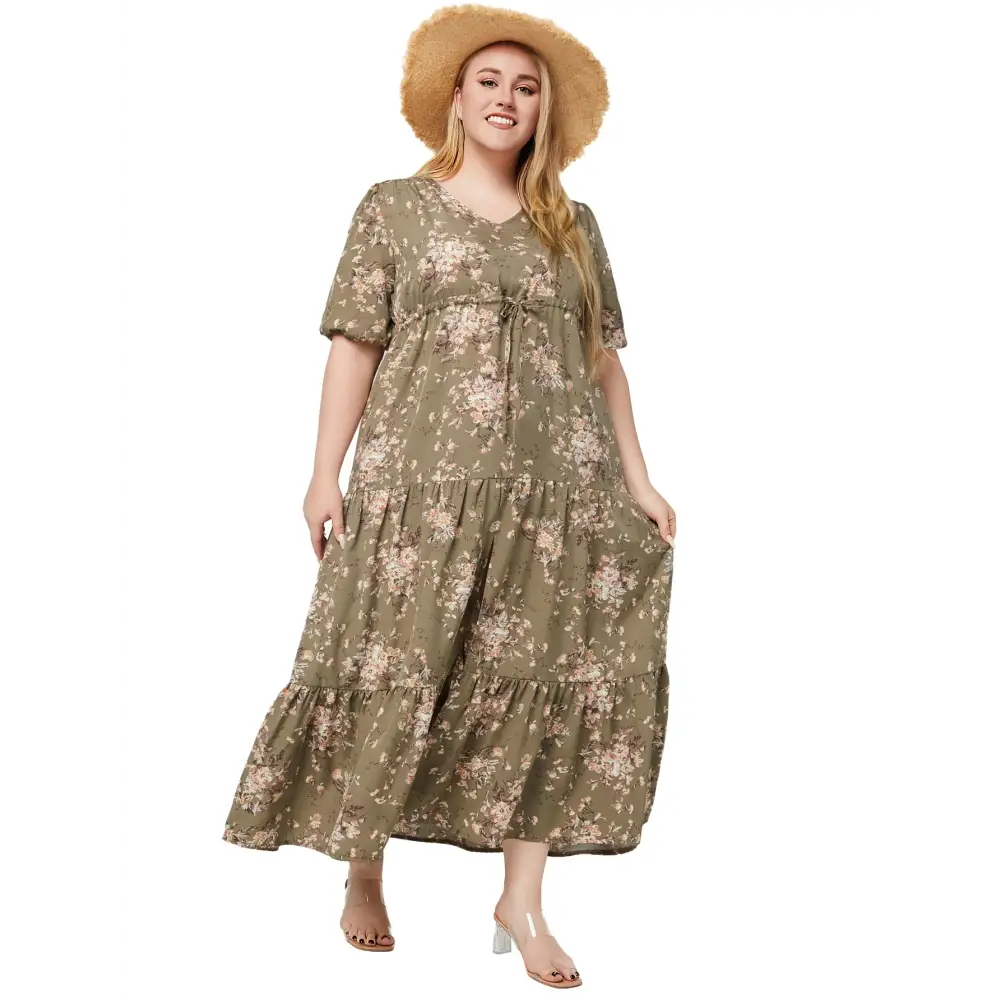 Plus Size Boho Floral Maxi Dress - V-Neck & Adjustable Sash