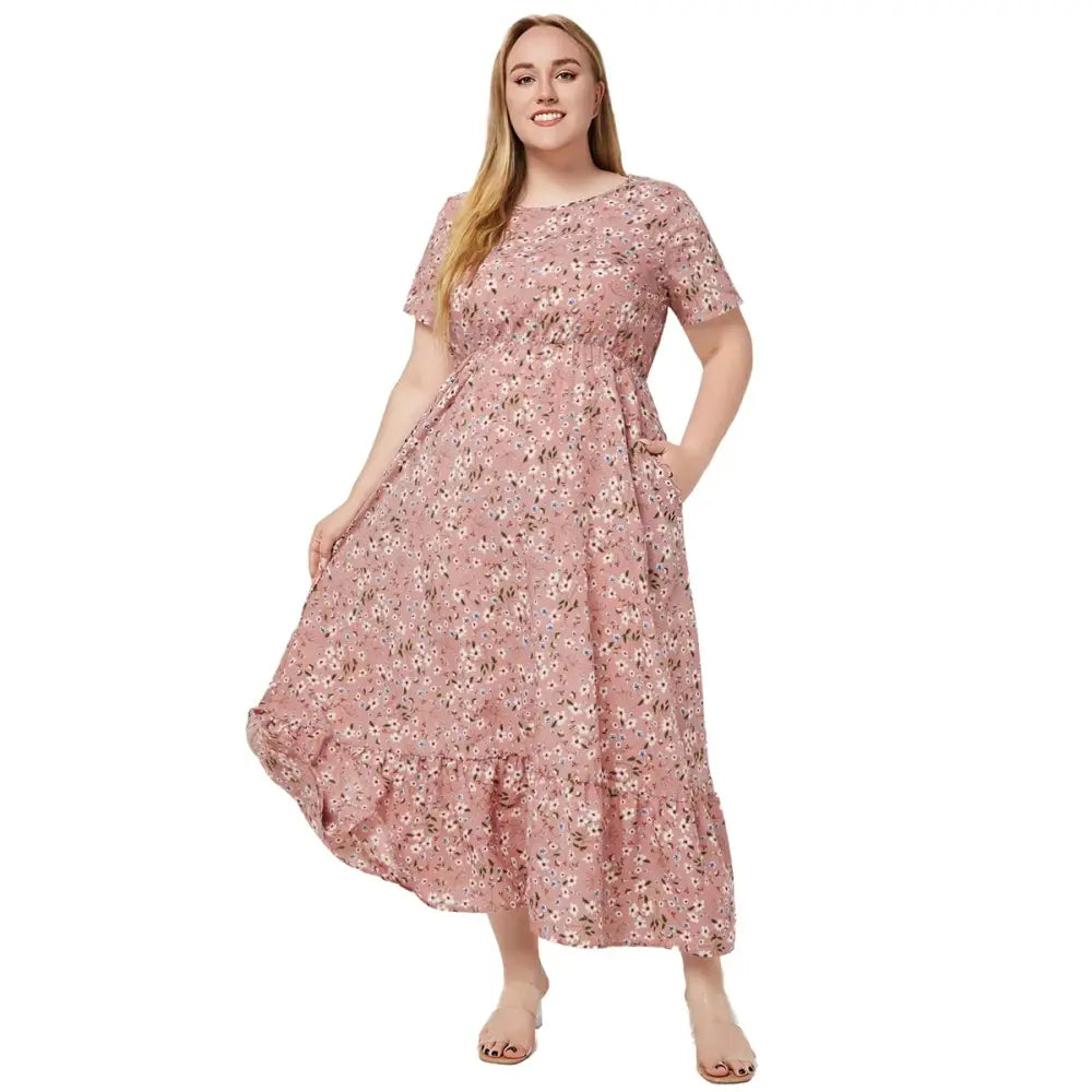 Plus Size Boho Floral Dress - O-Neck with Pockets